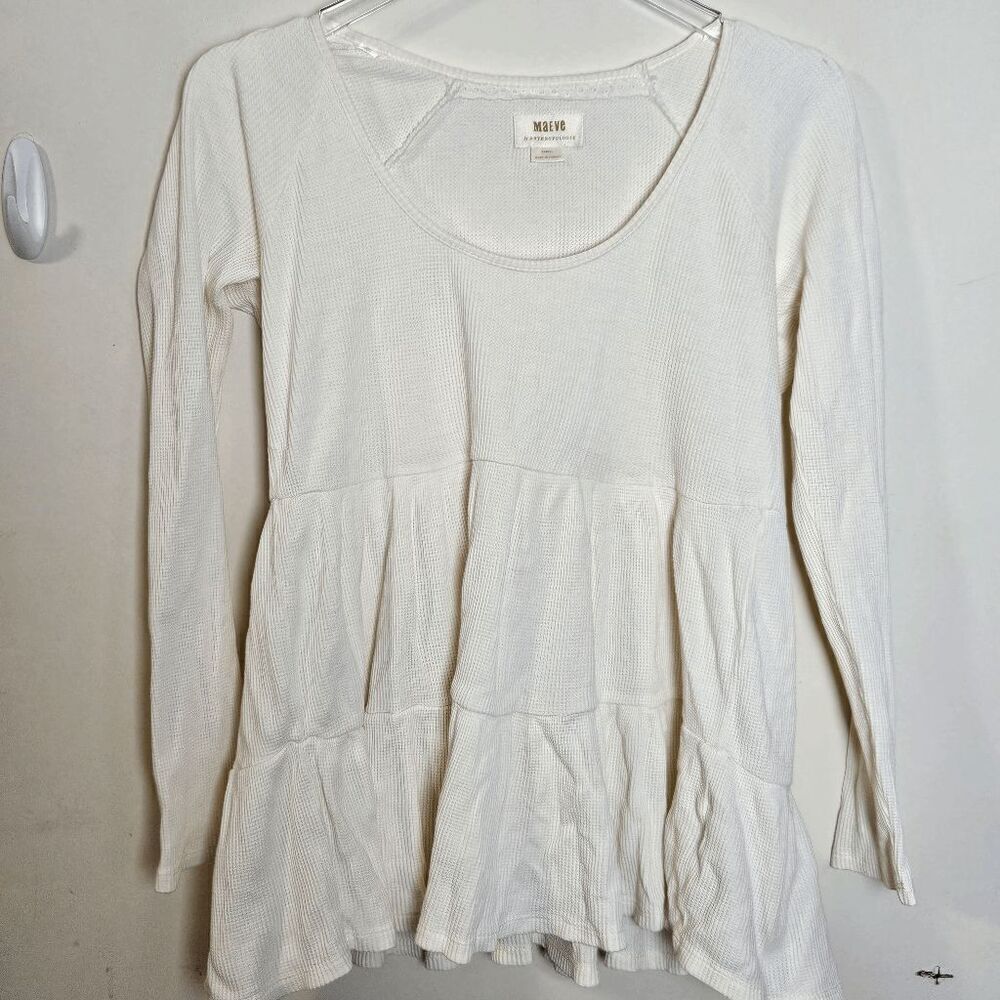 Anthropologie Maeve Thermal Waffle Tiered Long Sleeve Babydoll Tunic Top Women's